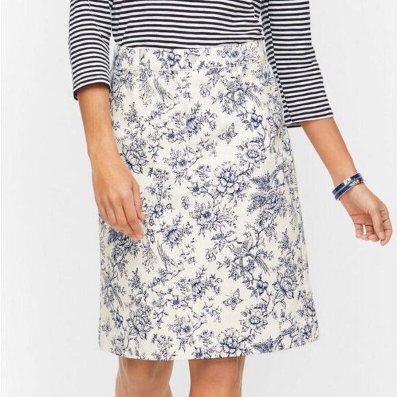 Talbots Skirt Womens Size 4P Bird Toile Print Denim A-Line Stretch Floral Skirt - Picture 1 of 16